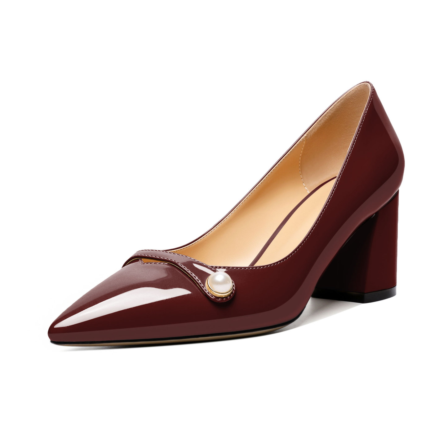 Burgundy slip-on pumps with pearl toe and mid block heel – SAMMITOP
