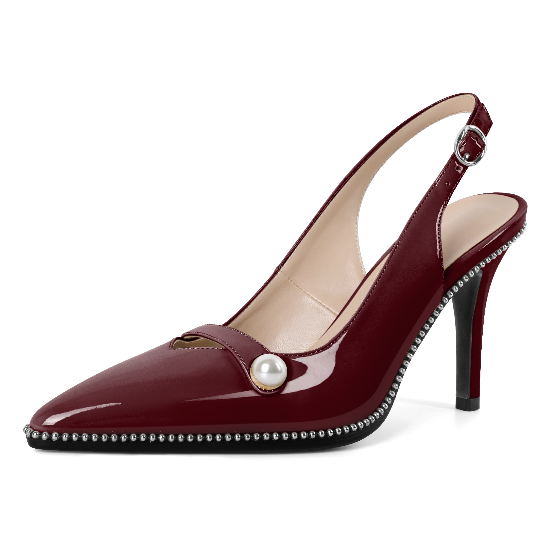 SAMMITOP burgundy slingback heels with pointed toe and stiletto heel