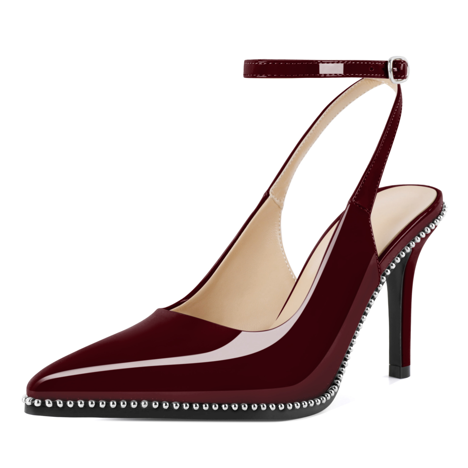 Burgundy slingback stilettos with elegant ankle strap and beaded detail