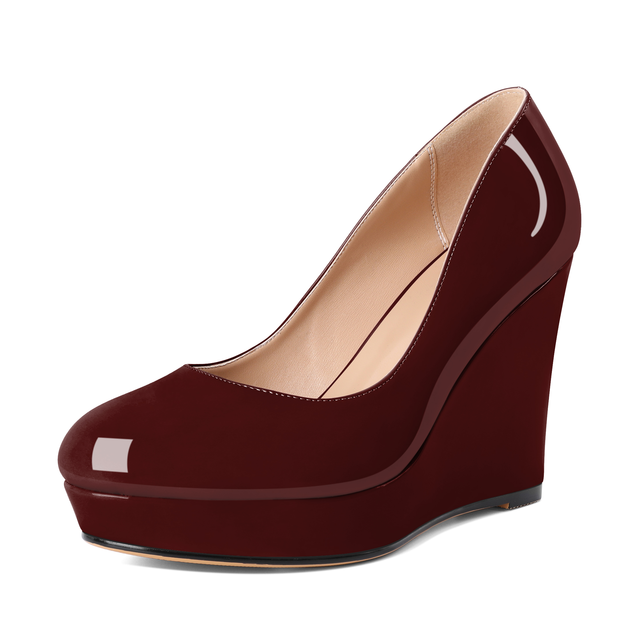 Burgundy high heel platform wedge shoes with round toe