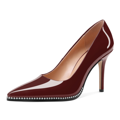 burgundy patent leather heels with decorative silver beads