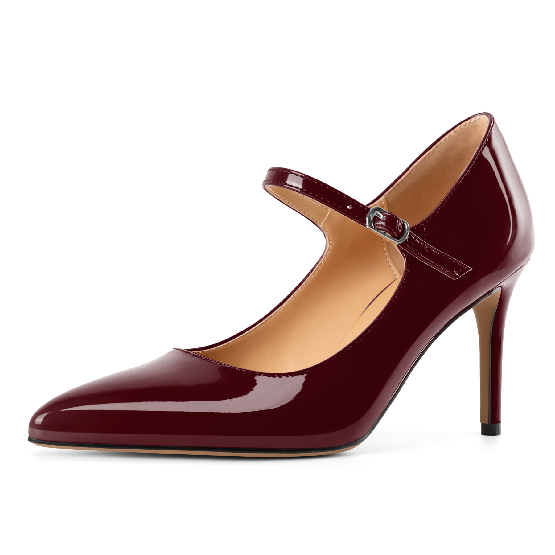 Burgundy party heels with pointed toe and Mary Jane strap design