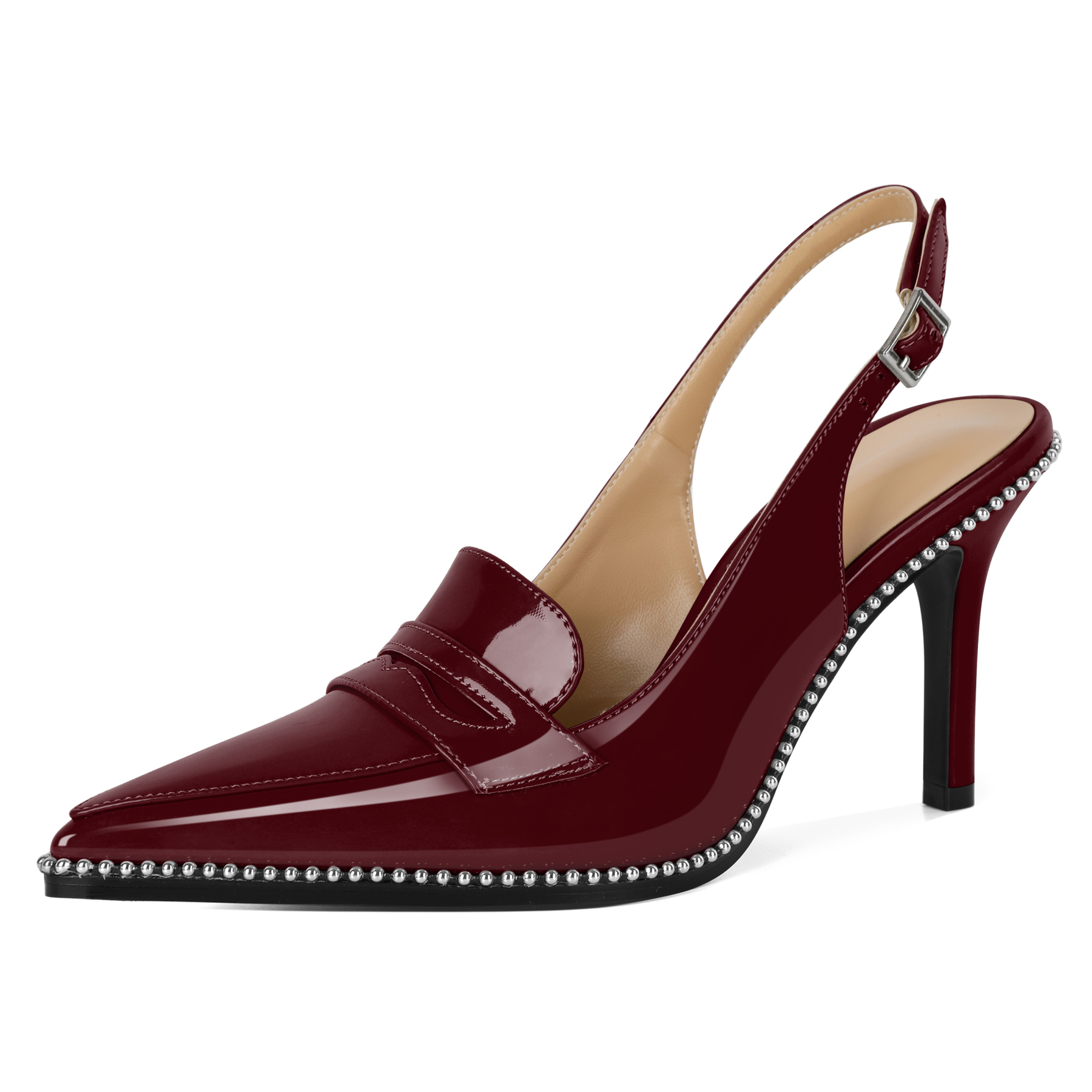 Burgundy slingback heels with 9cm stiletto and elegant silver beads