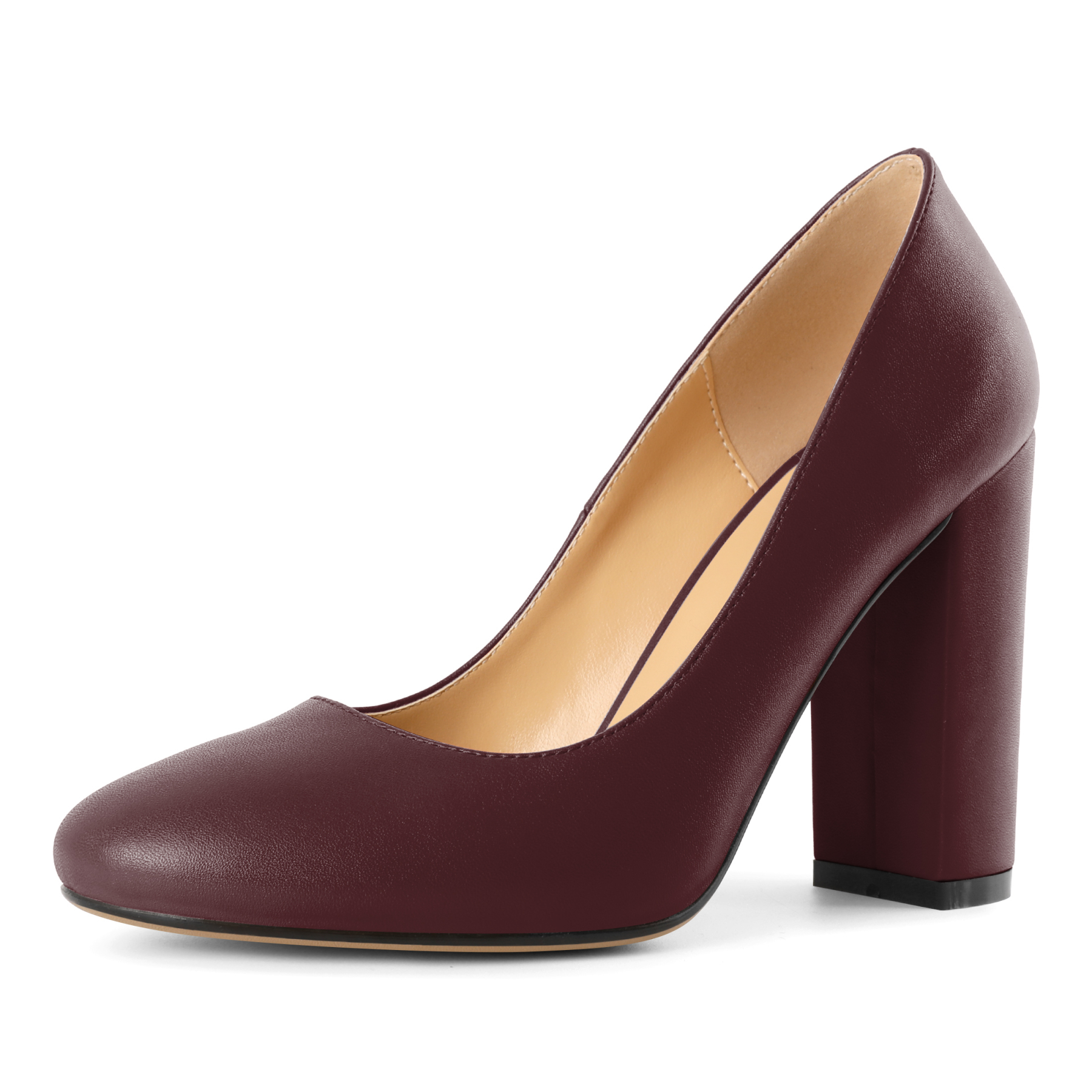 Burgundy round toe pumps with 10cm chunky heel and classic shape

