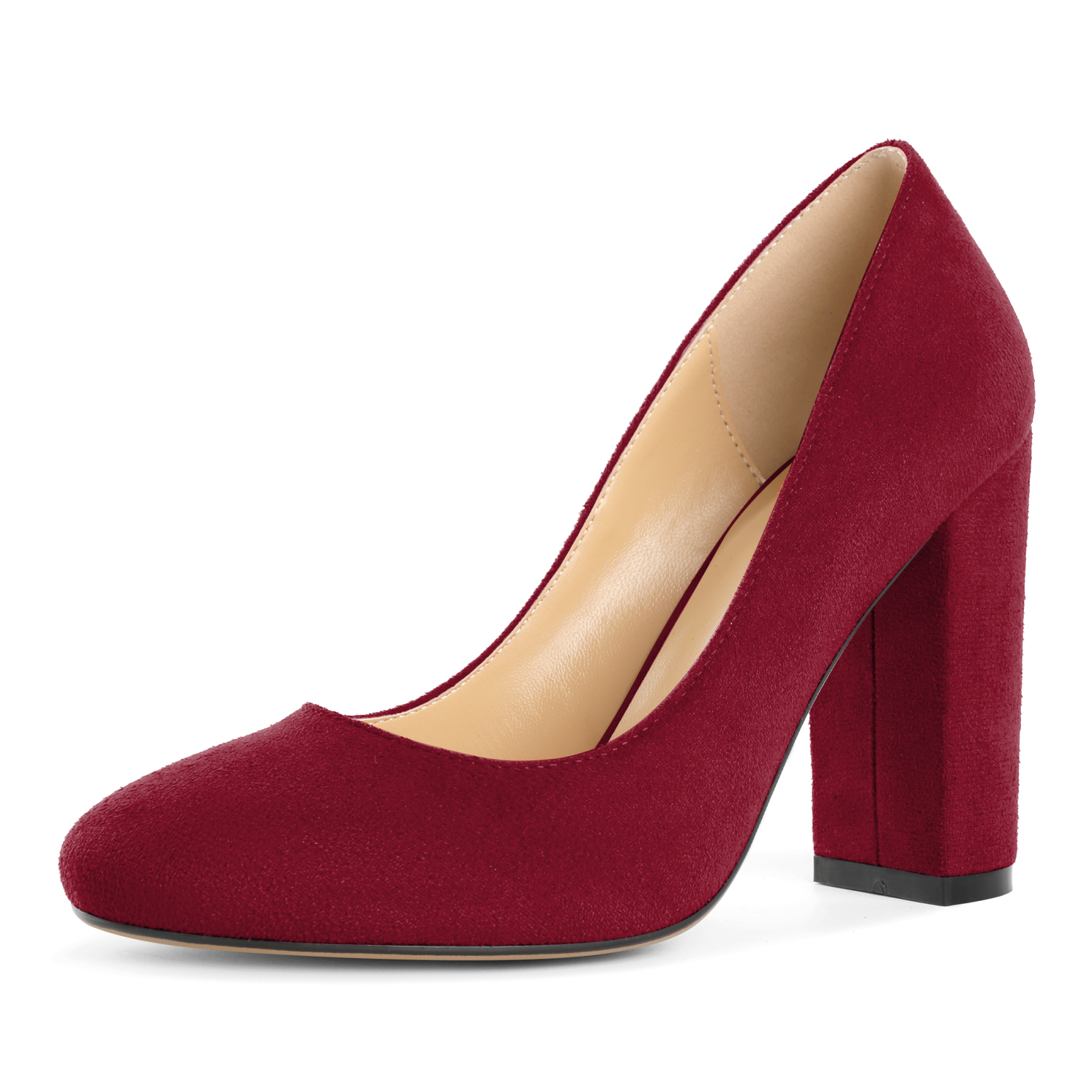 Red suede round toe pumps with chunky high heel and elegant shape