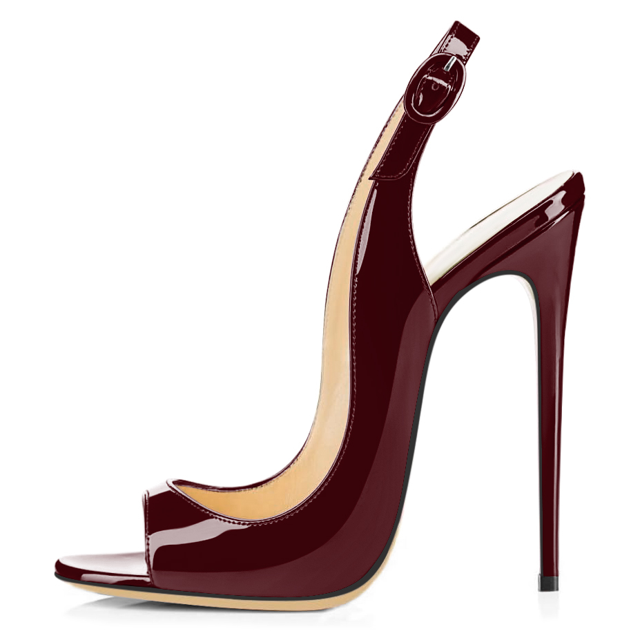 SAMMITOP burgundy elegant peep toe stilettos with ankle strap

