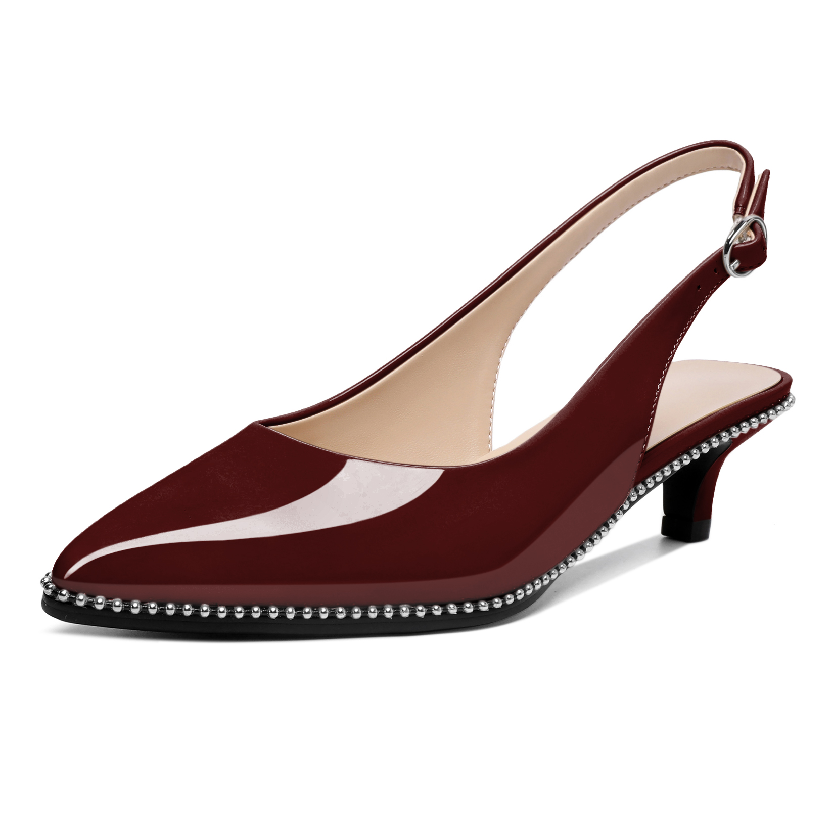 Burgundy low heel slingback pumps with elegant bead detail