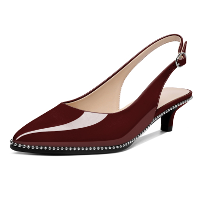 Burgundy low heel slingback pumps with elegant bead detail