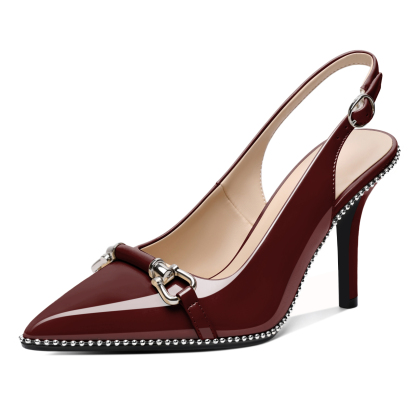 Burgundy patent slingback pumps with silver beads and slim heel
