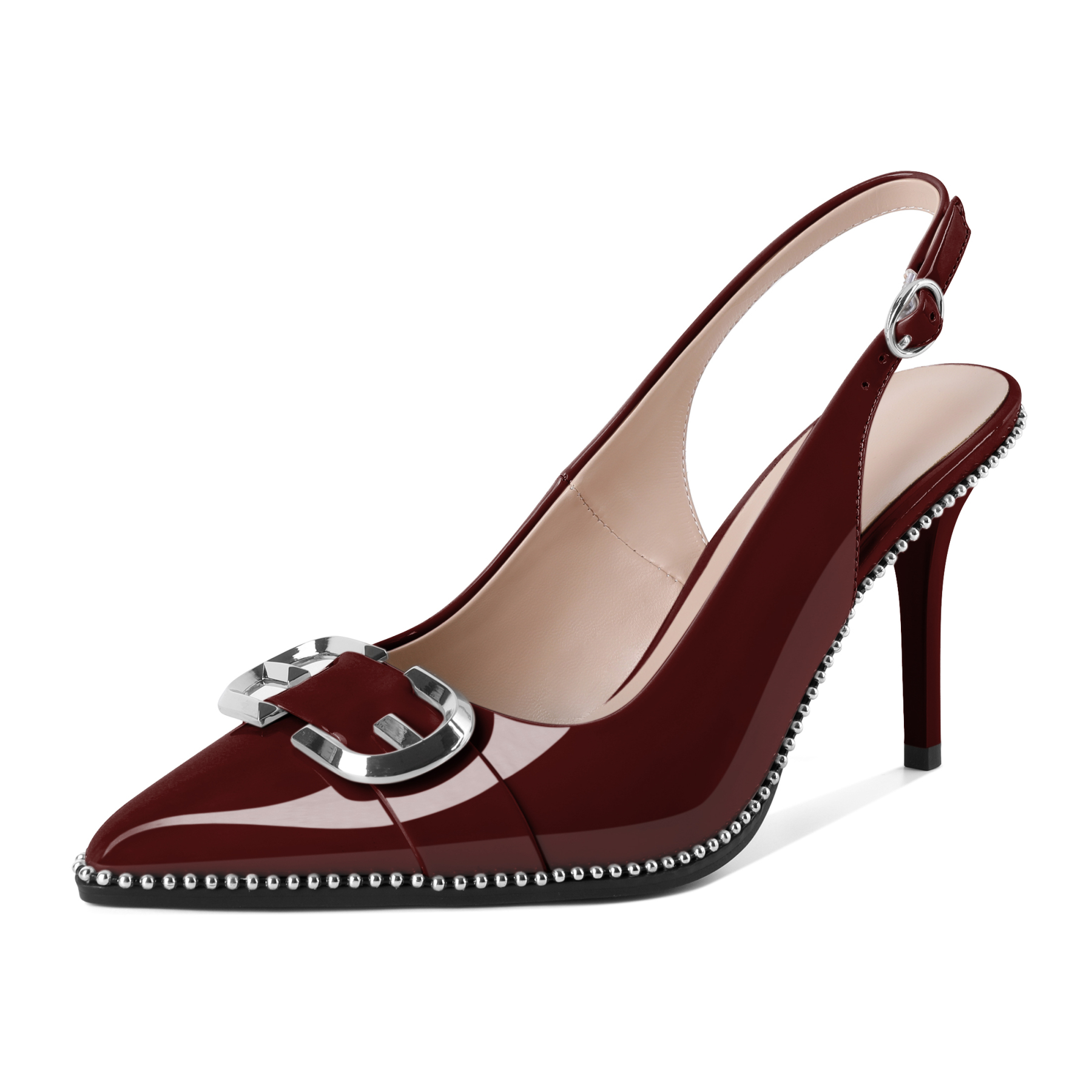 Burgundy stiletto slingback heels with elegant bead embellishments

