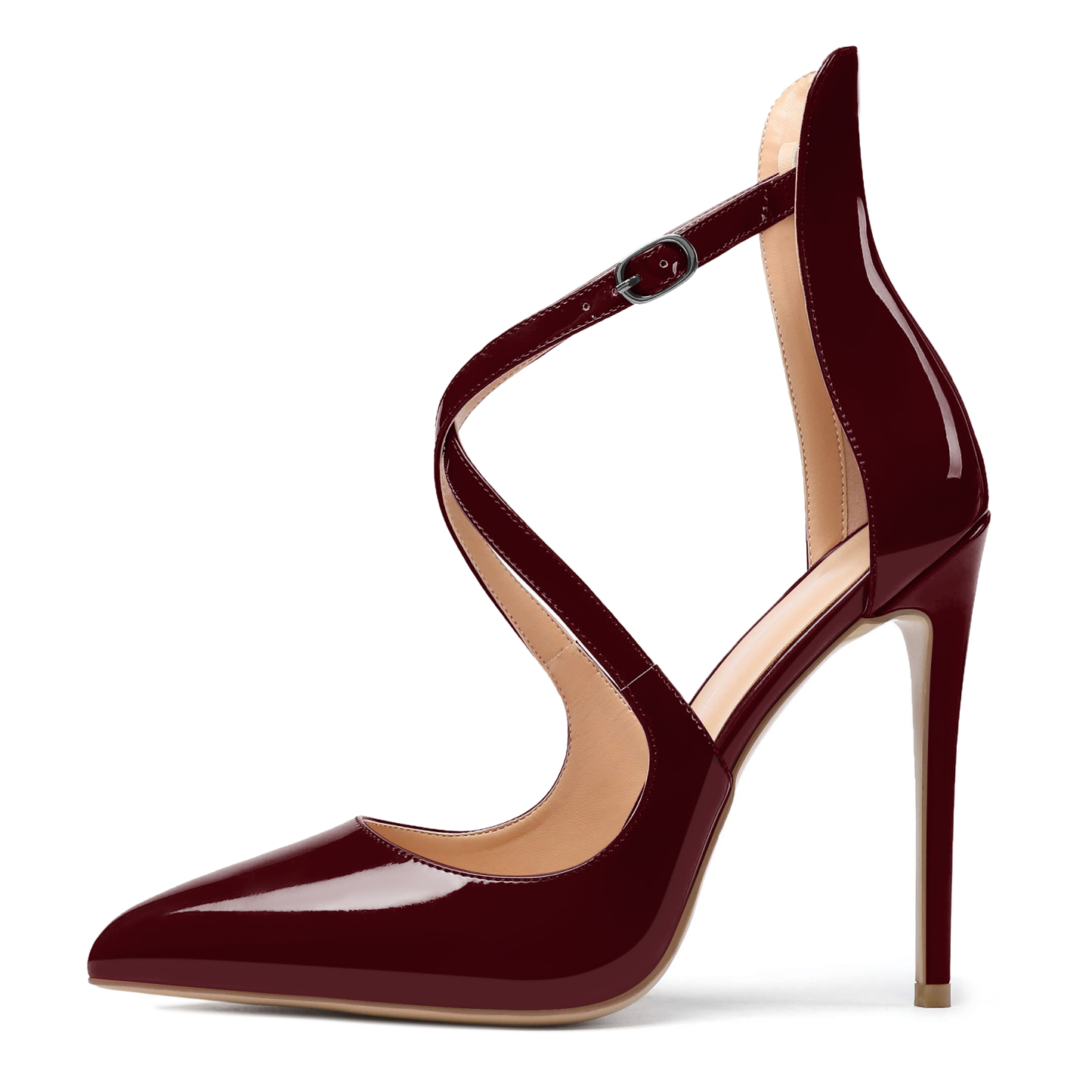 Deep burgundy pointed toe pumps with high stiletto heel