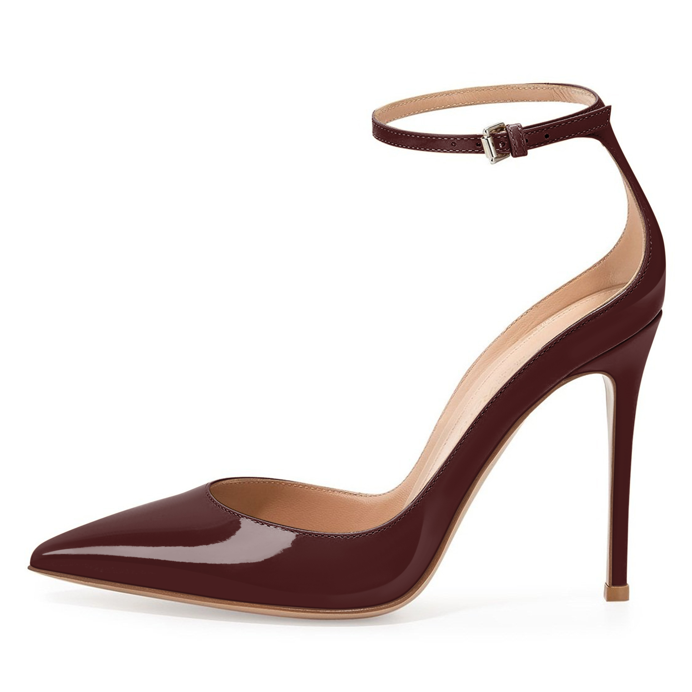 Stylish burgundy stiletto heels with a sharp pointed toe and 10cm lift, designed for evening looks or cocktail parties