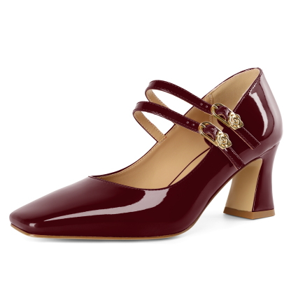 Burgundy Mary Jane heels with 2.5 inch chunky heel and square toe, perfect for evening or fall outfits