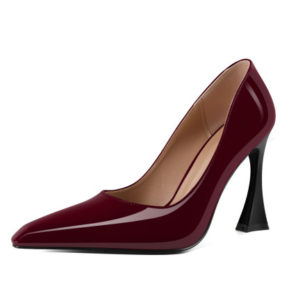 Burgundy flare heel slip-on pumps – elegant 10cm pointed toe high heels for women