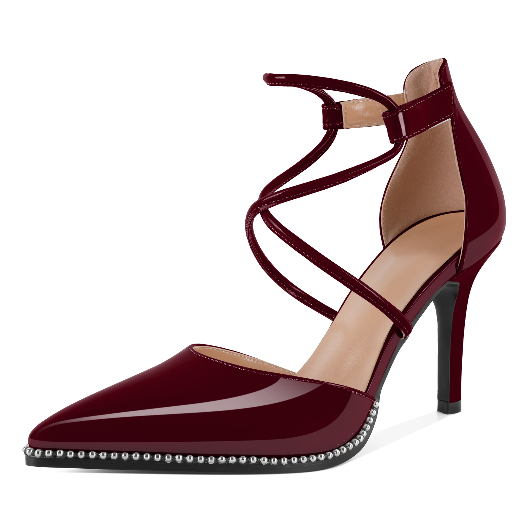 SAMMITOP Burgundy red strappy heels with silver embellishment and 9cm stiletto heel