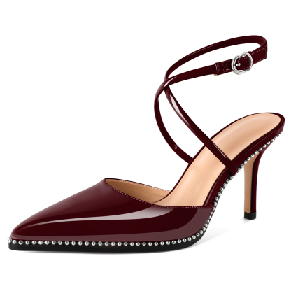 SAMMITOP 3.5 Inch burgundy slingback stiletto pumps with glossy finish and silver beads