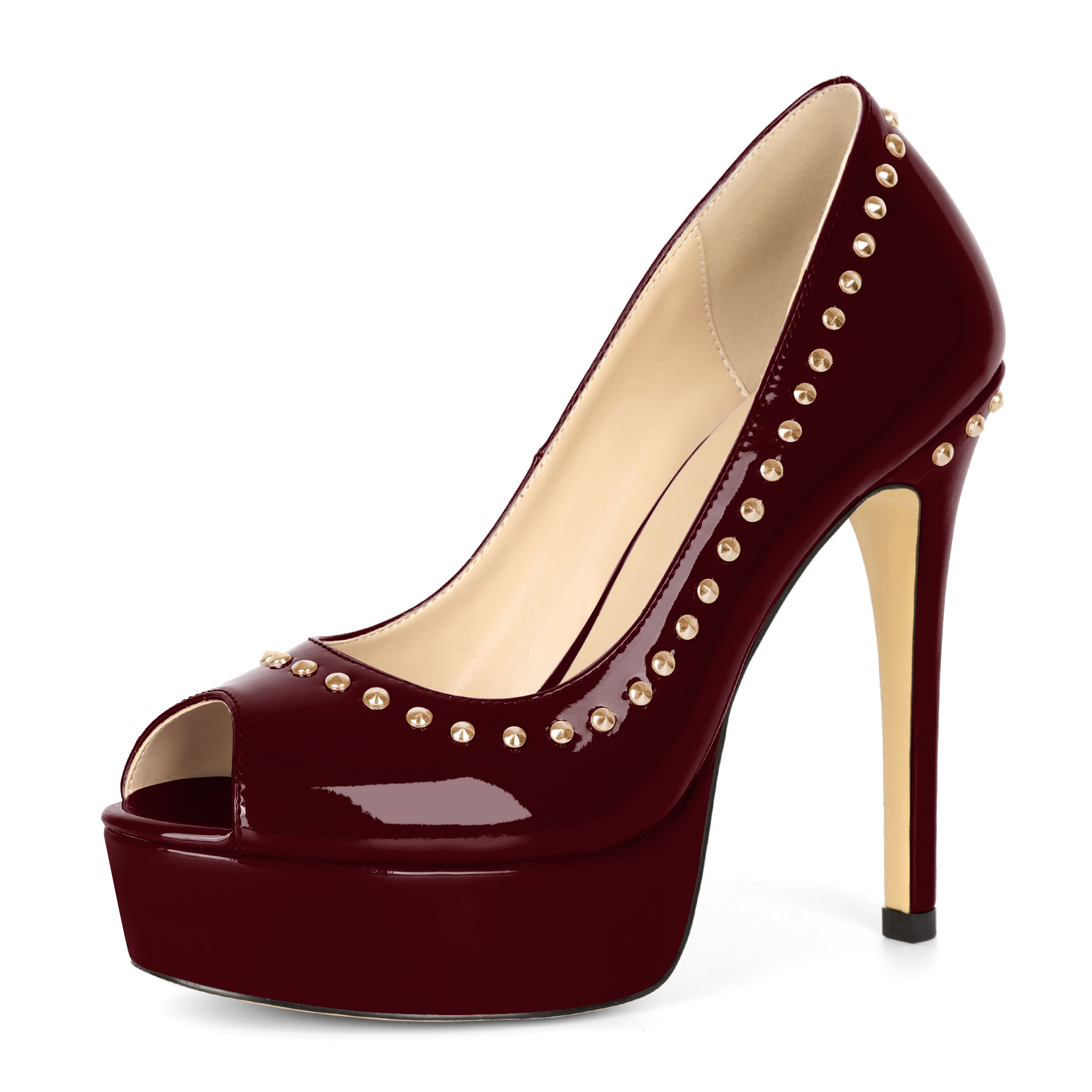 SAMMITOP 4.7 Inch Deep burgundy red rivet stiletto heels with open toe and platform