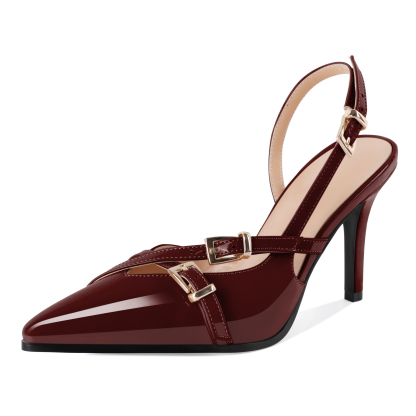Sammitop 3.5 Inch Burgundy red high heel slingback shoes with metallic buckles