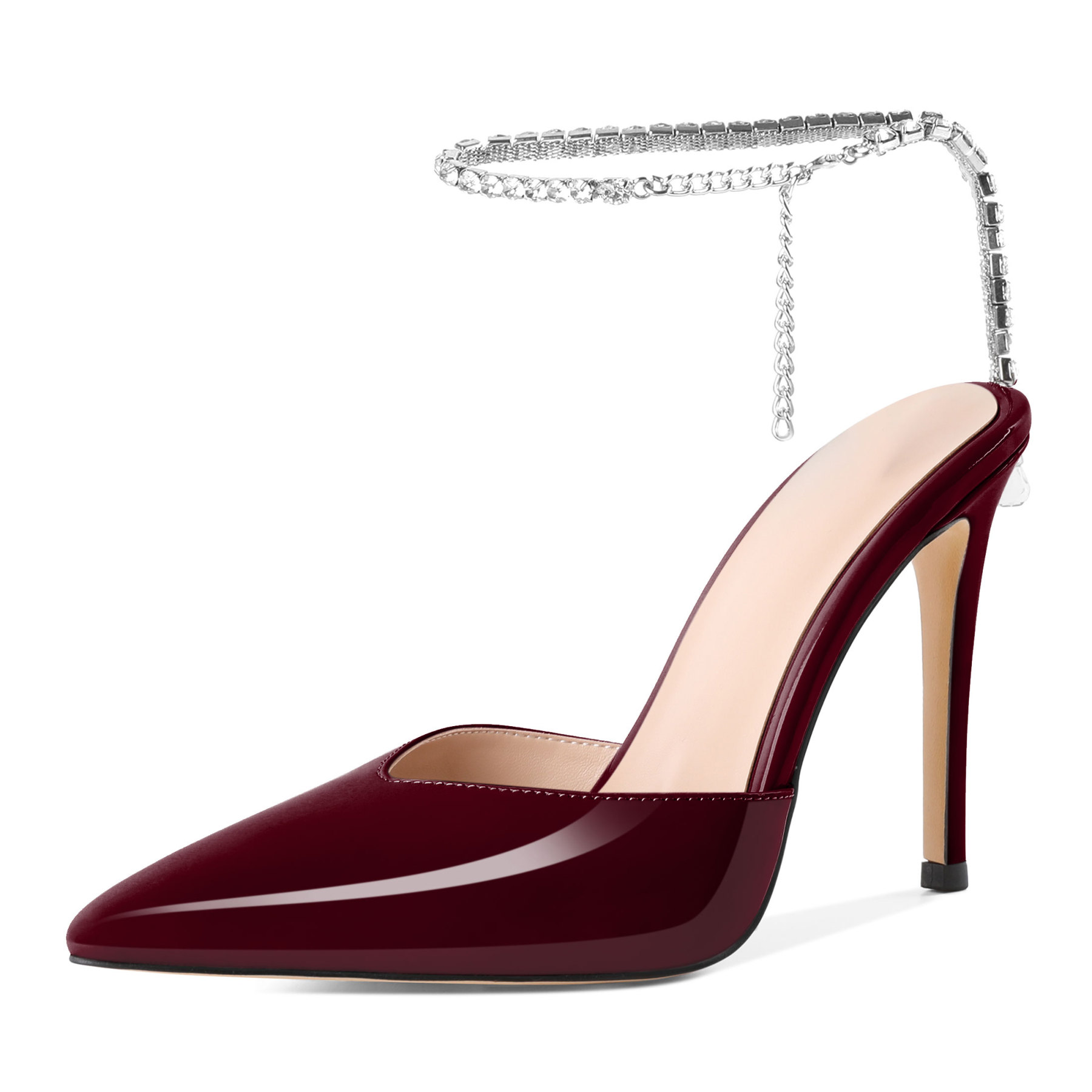 SAMMITOP 4 Inch Burgundy high heel sandals with crystal chain detail and slim stiletto