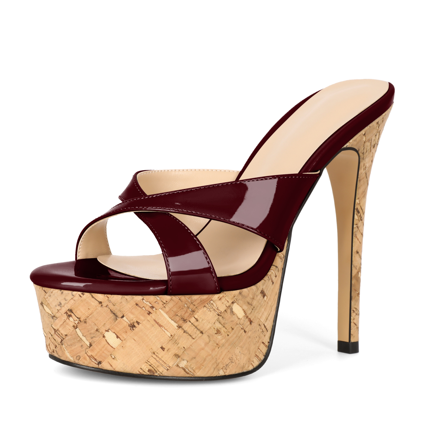 Burgundy patent cork heel mules with elegant open toe design
