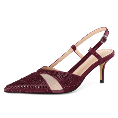 SAMMITOP 2.75 Inch Burgundy rhinestone mesh pointed toe slingback shoes, women’s dress heels
