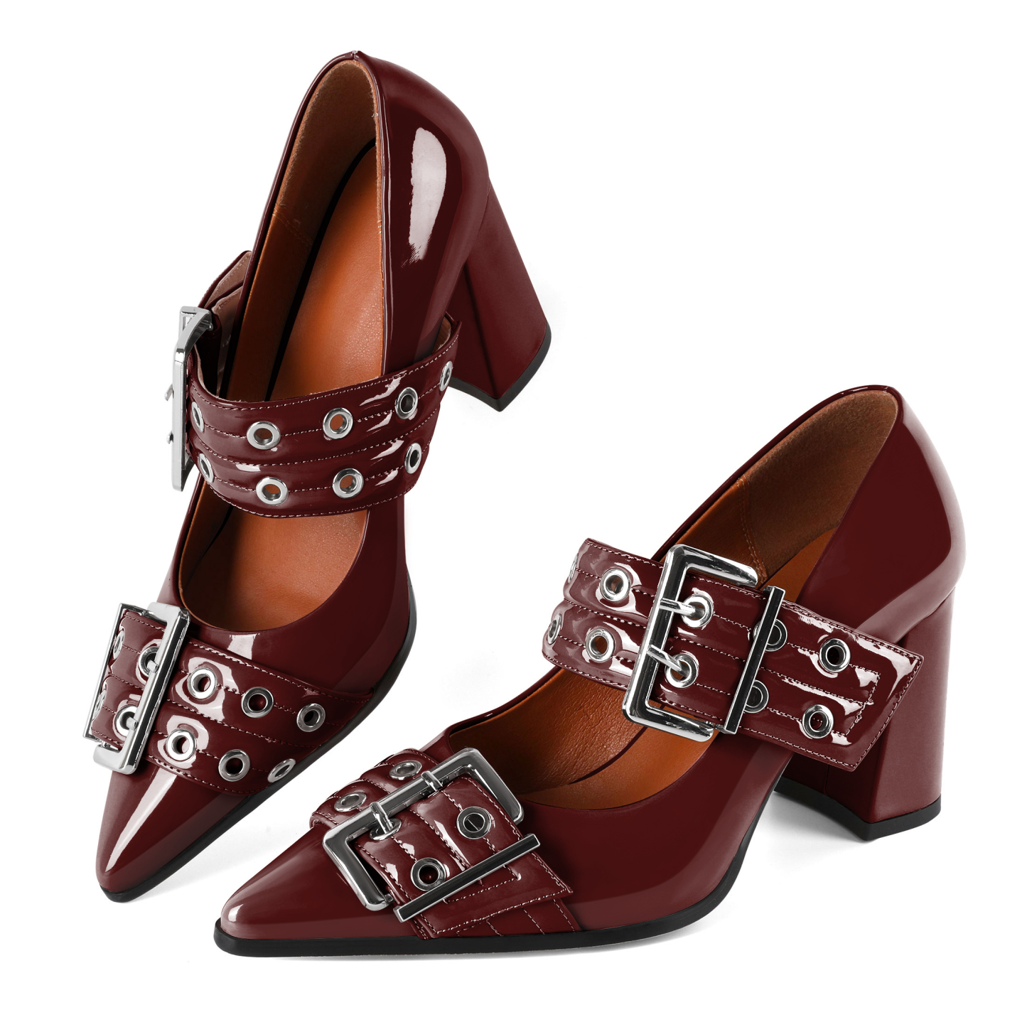 SAMMITOP 3.3 Inch Burgundy Mary Jane Buckle Chunky Block Pumps