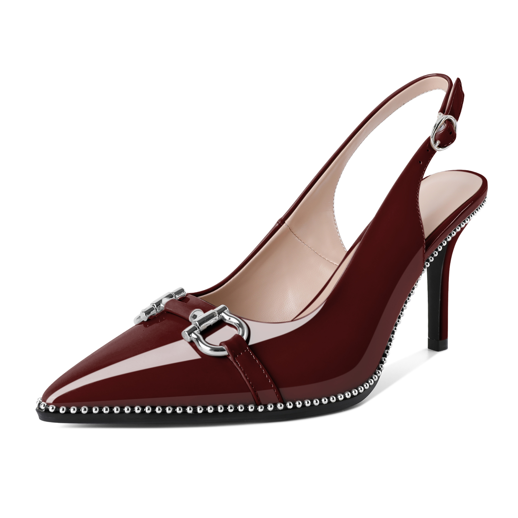 Women's burgundy beaded slingback stiletto heels with buckle ankle strap and pointed toe