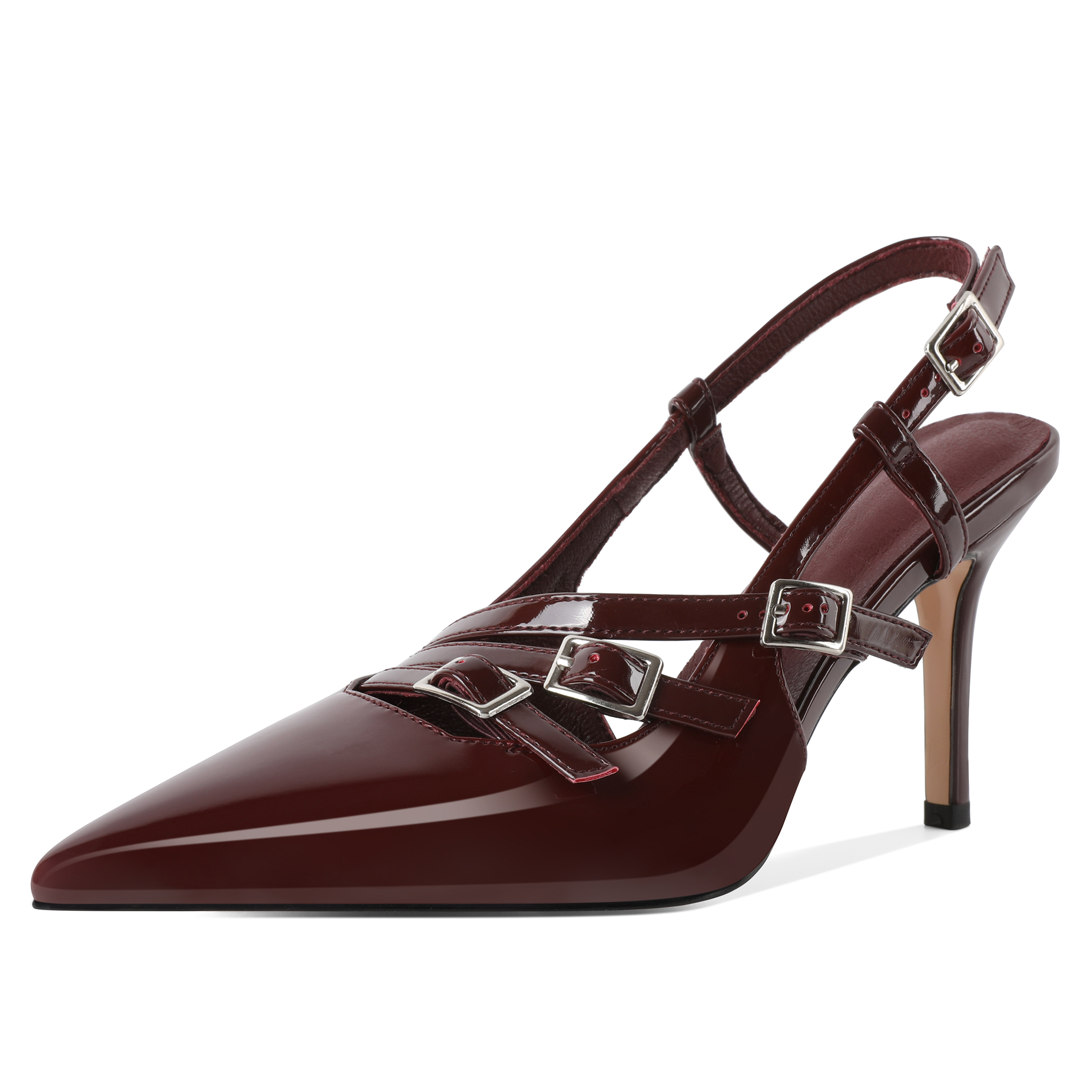 SAMMITOP Burgundy 3.5 inch high heels with pointed toe and slingback, size 5–13