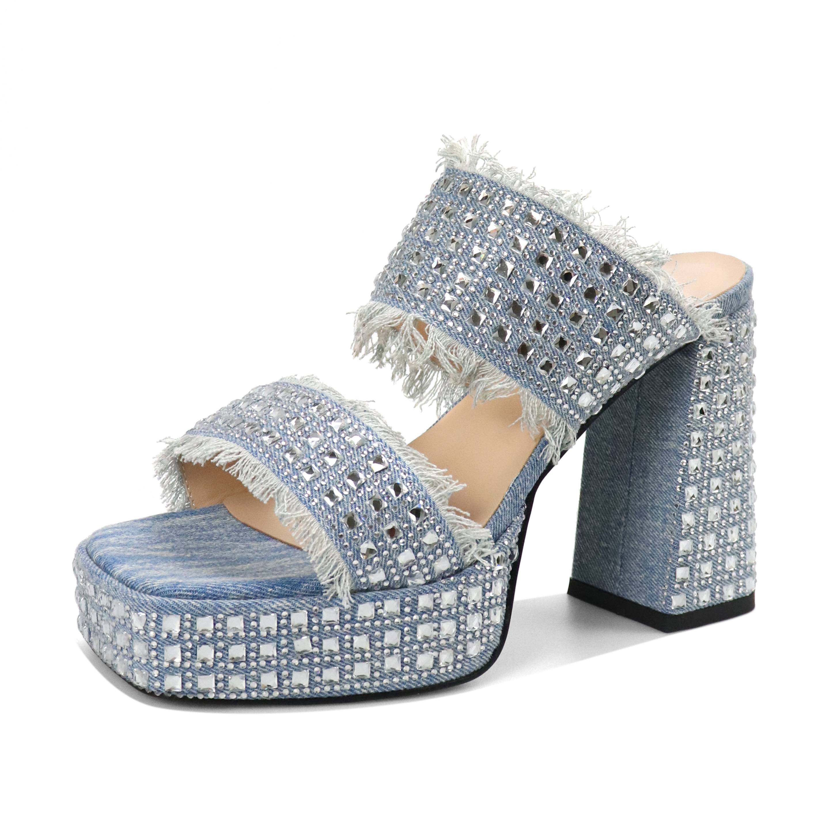 Washed Denim Blue Platform Heels with Frayed Edge and Square Open Toe