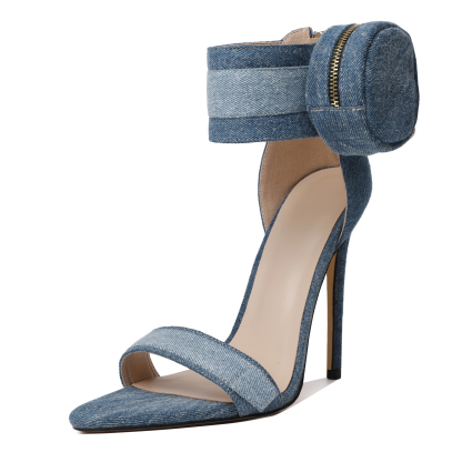 Denim Blue SAMMITOP Stiletto Heels with Zip Pouch and Wrap Straps