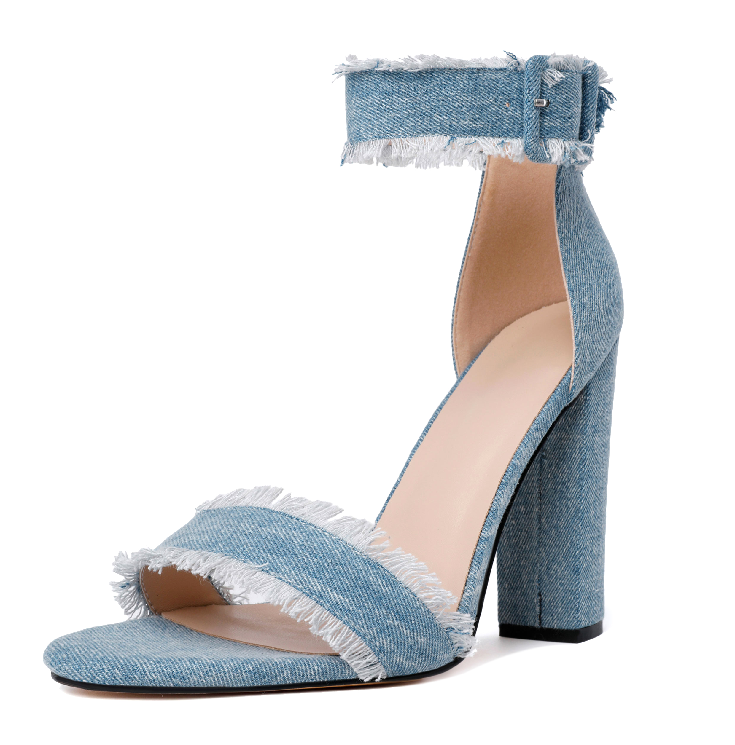 SAMMITOP transparent chunky heels in denim with square open toe and ankle strap – summer-ready and trendy