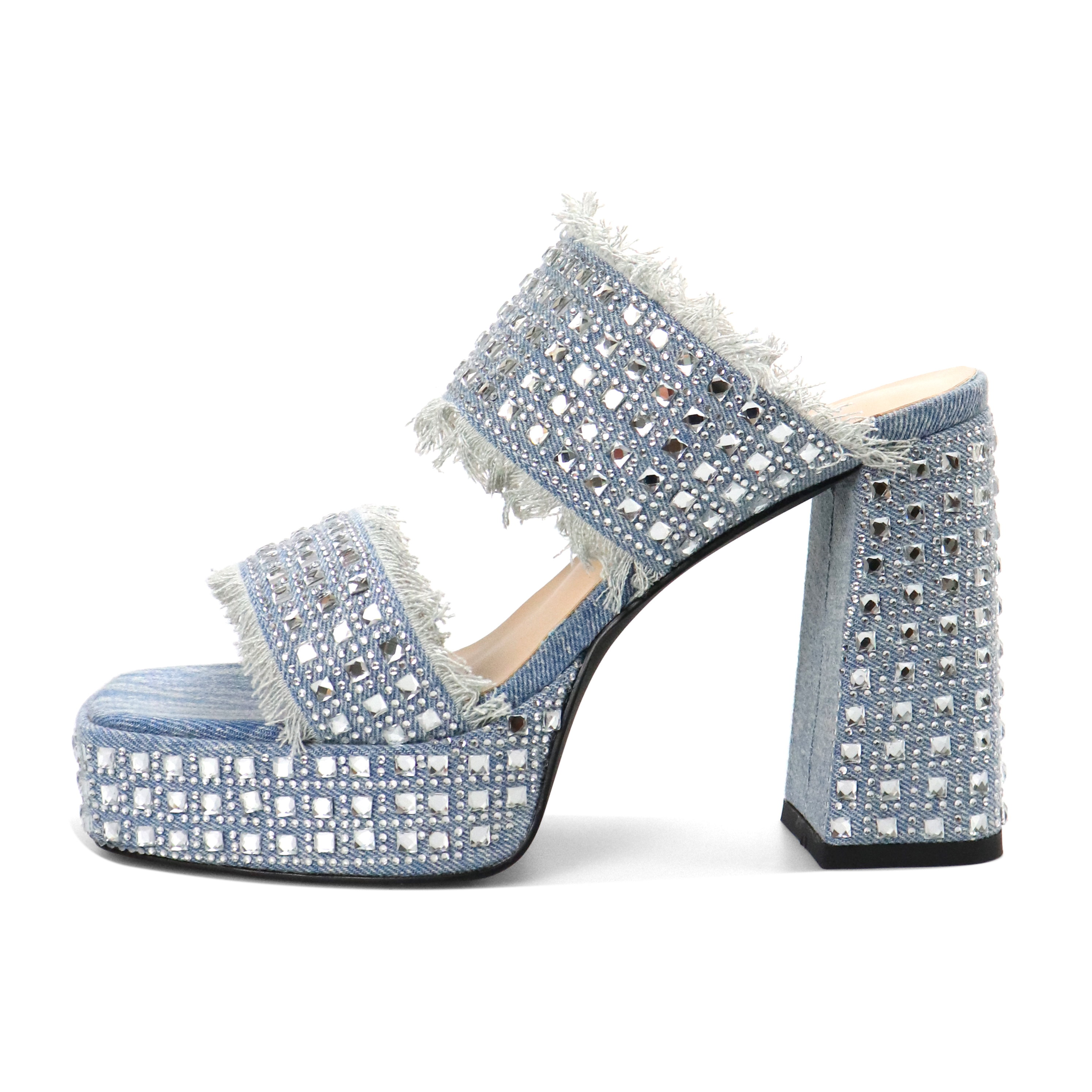 Side View of Denim Platform Heels Showing Chunky Heel and Frayed Tassels