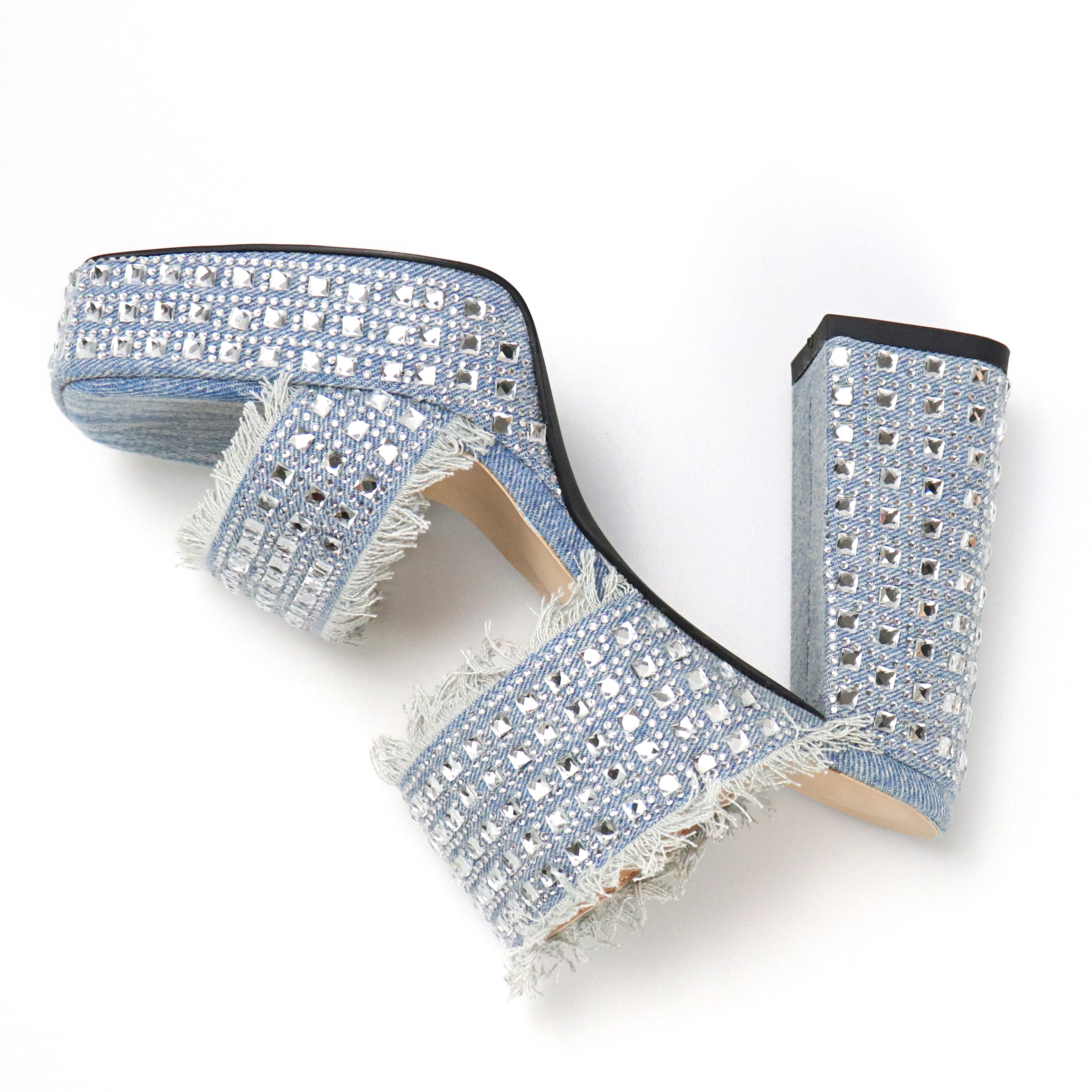 Rear View of 4-Inch Chunky Heel in Washed Blue Denim with Textured Sole