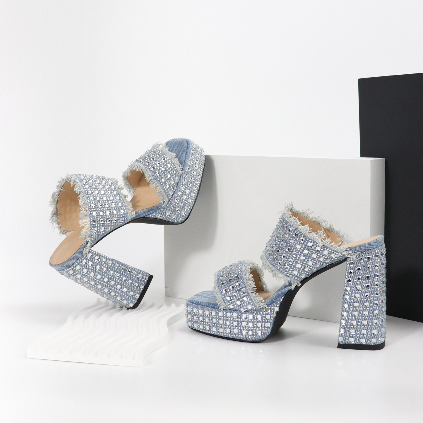 Distressed Blue Denim Chunky Heeled Sandals with Tassel Trim