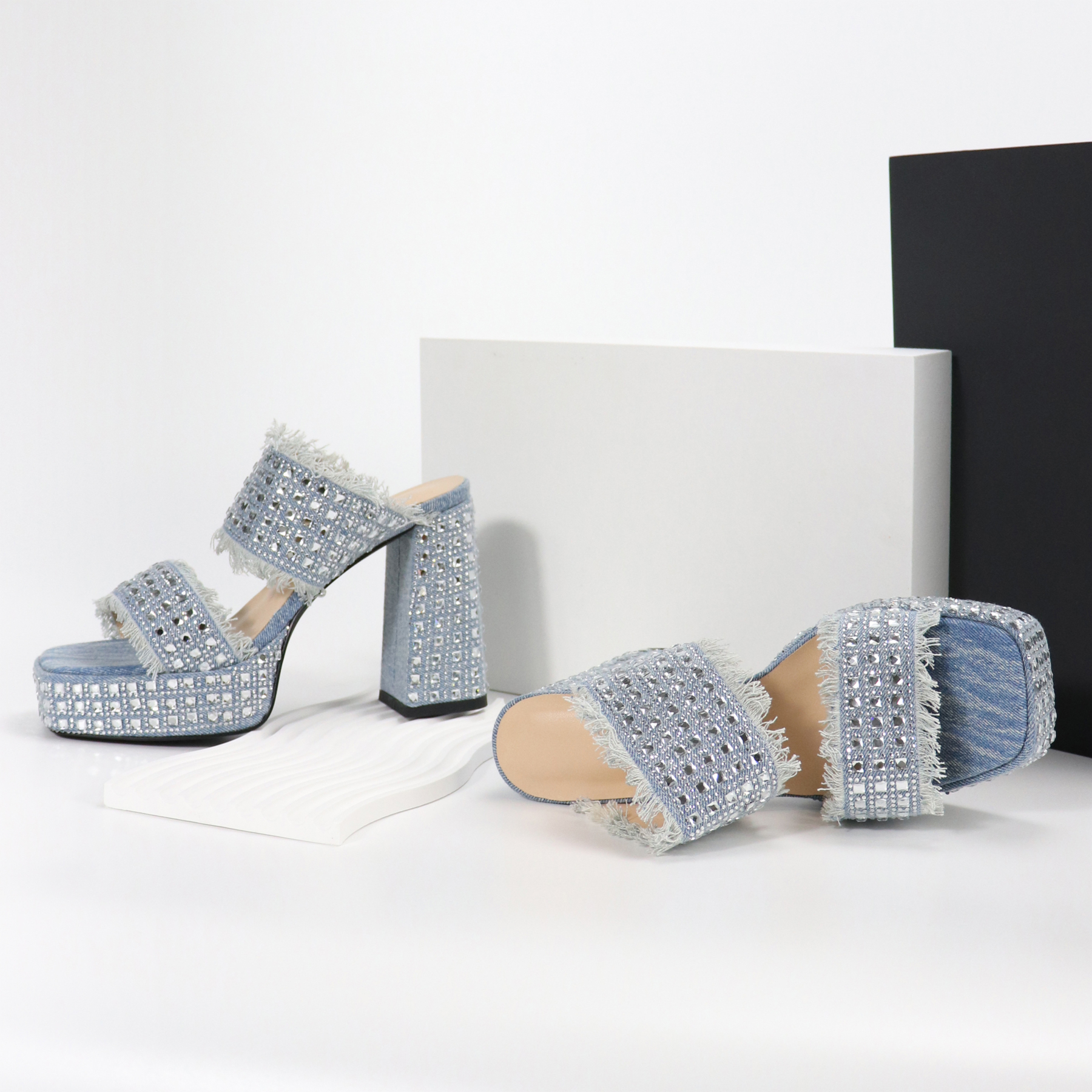 Tassel-Trimmed Denim Platform Mules in Vintage Blue