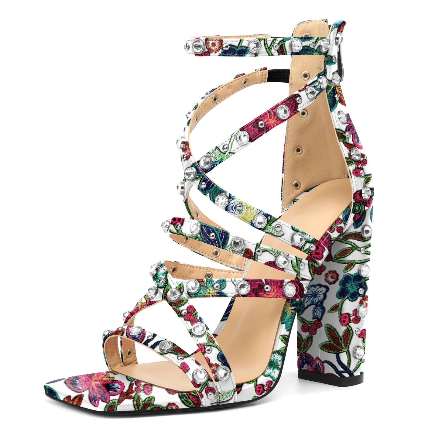 SAMMITOP 4.3 Inch Embroidered flower pattern heels with multicolor detailing