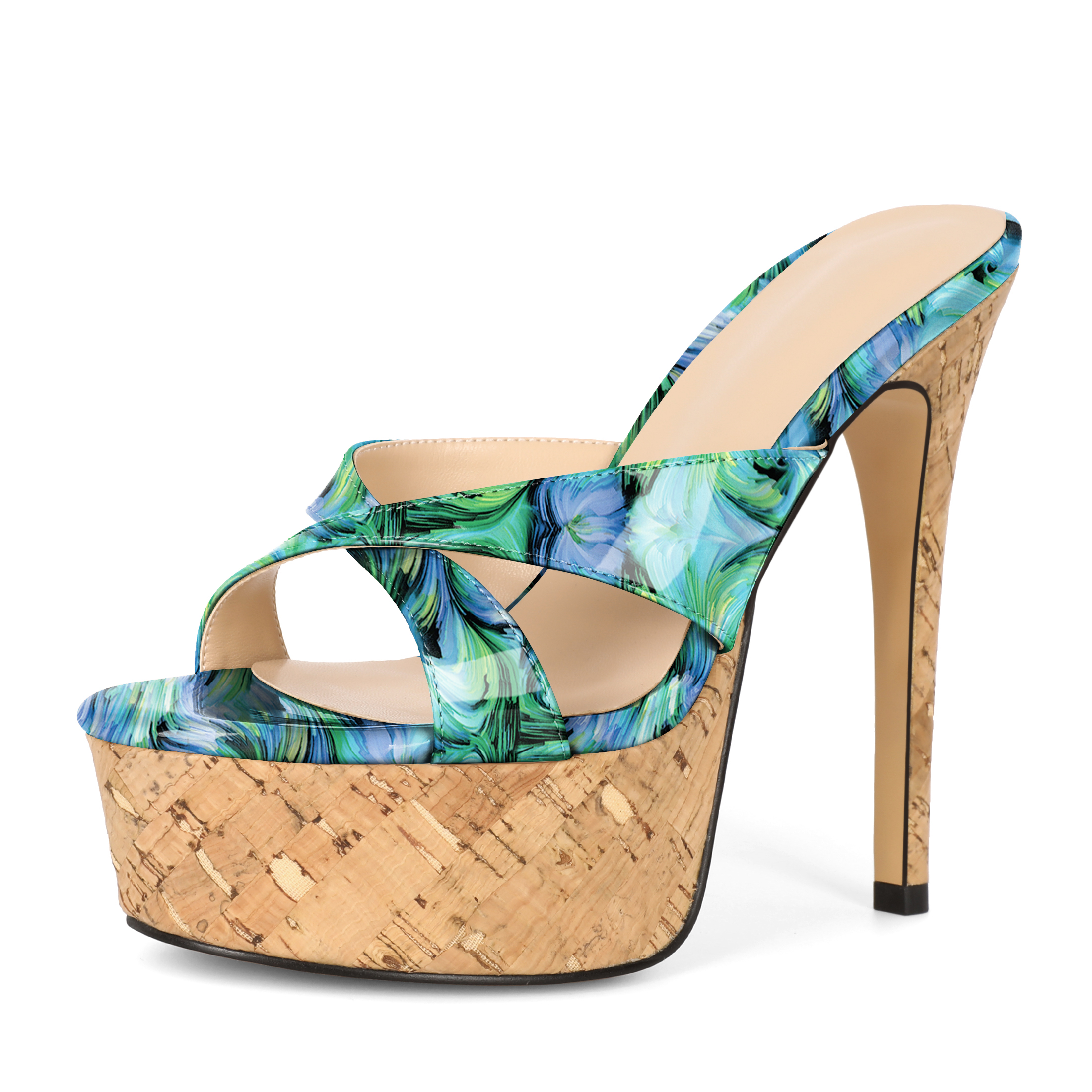 Green floral crisscross platform mules with cork heel and stiletto style
