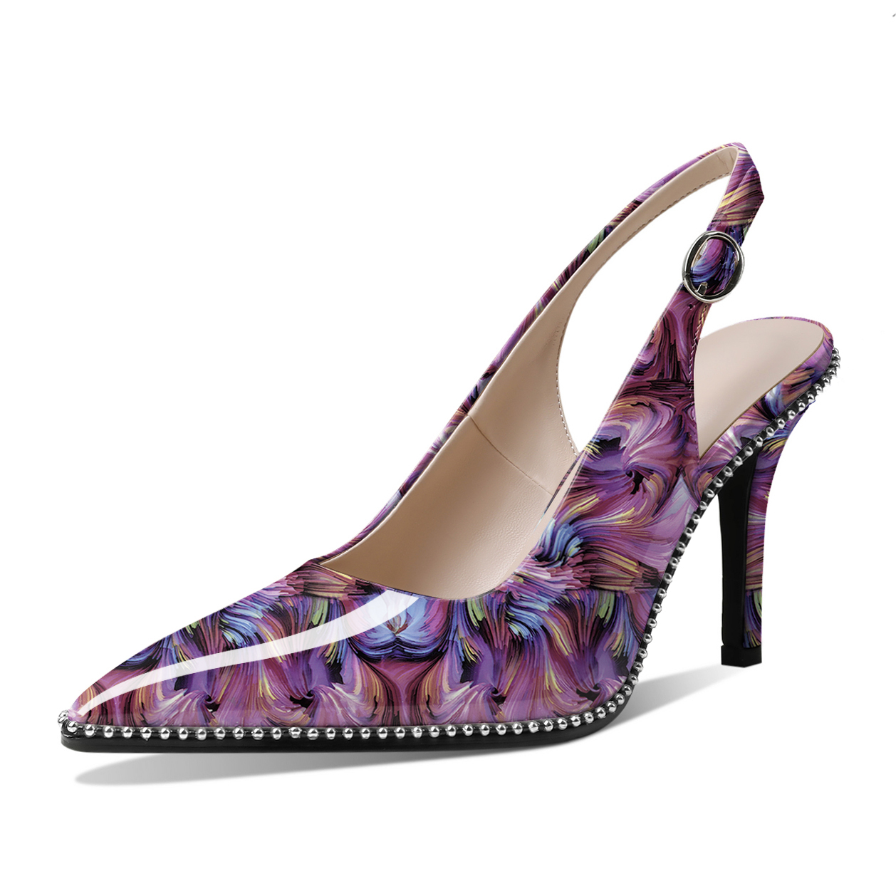 Floral Purple Print Slingback Pumps with Silver Beading and Feminine Touch