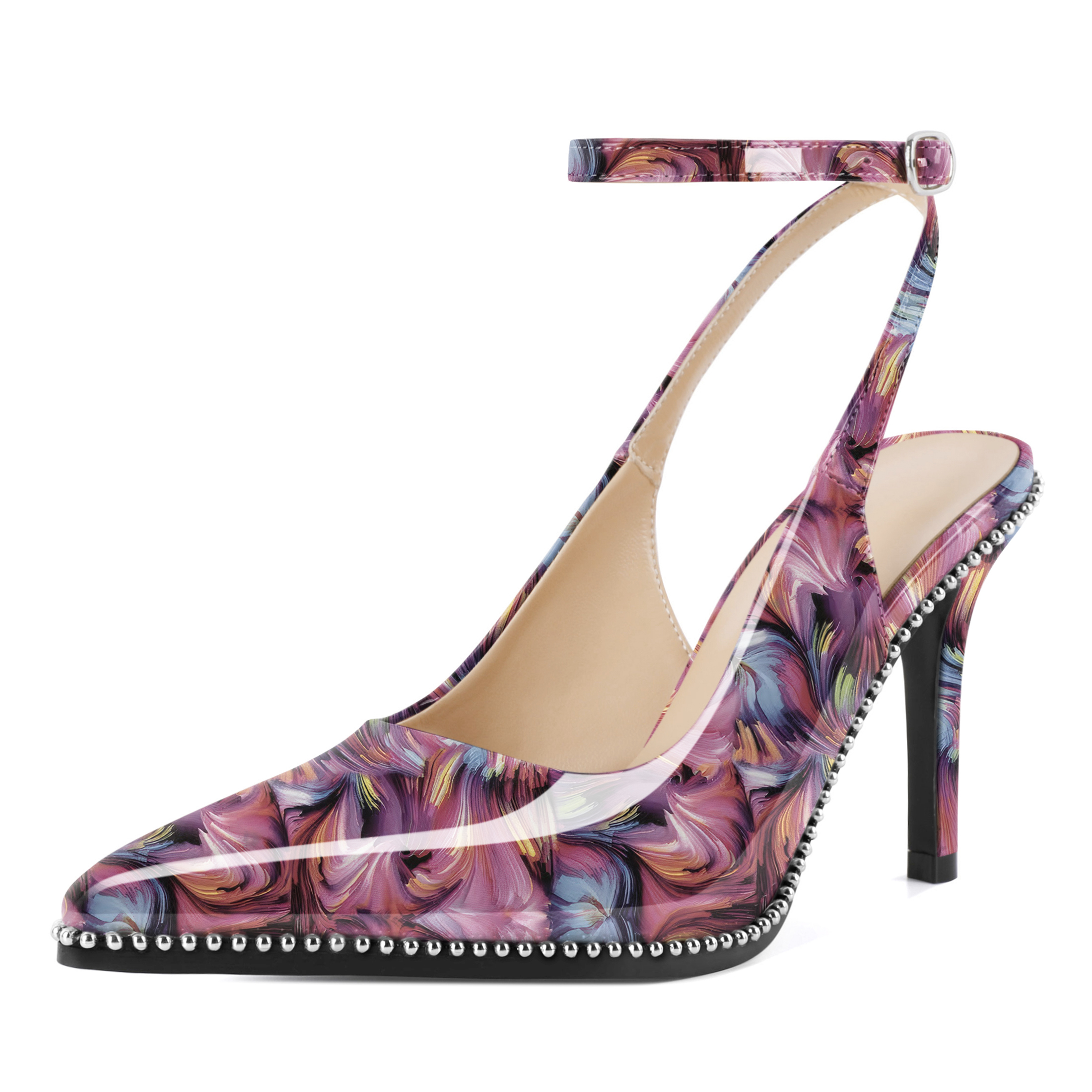 Floral purple slingback heels with ankle strap, stiletto heel, and floral pattern