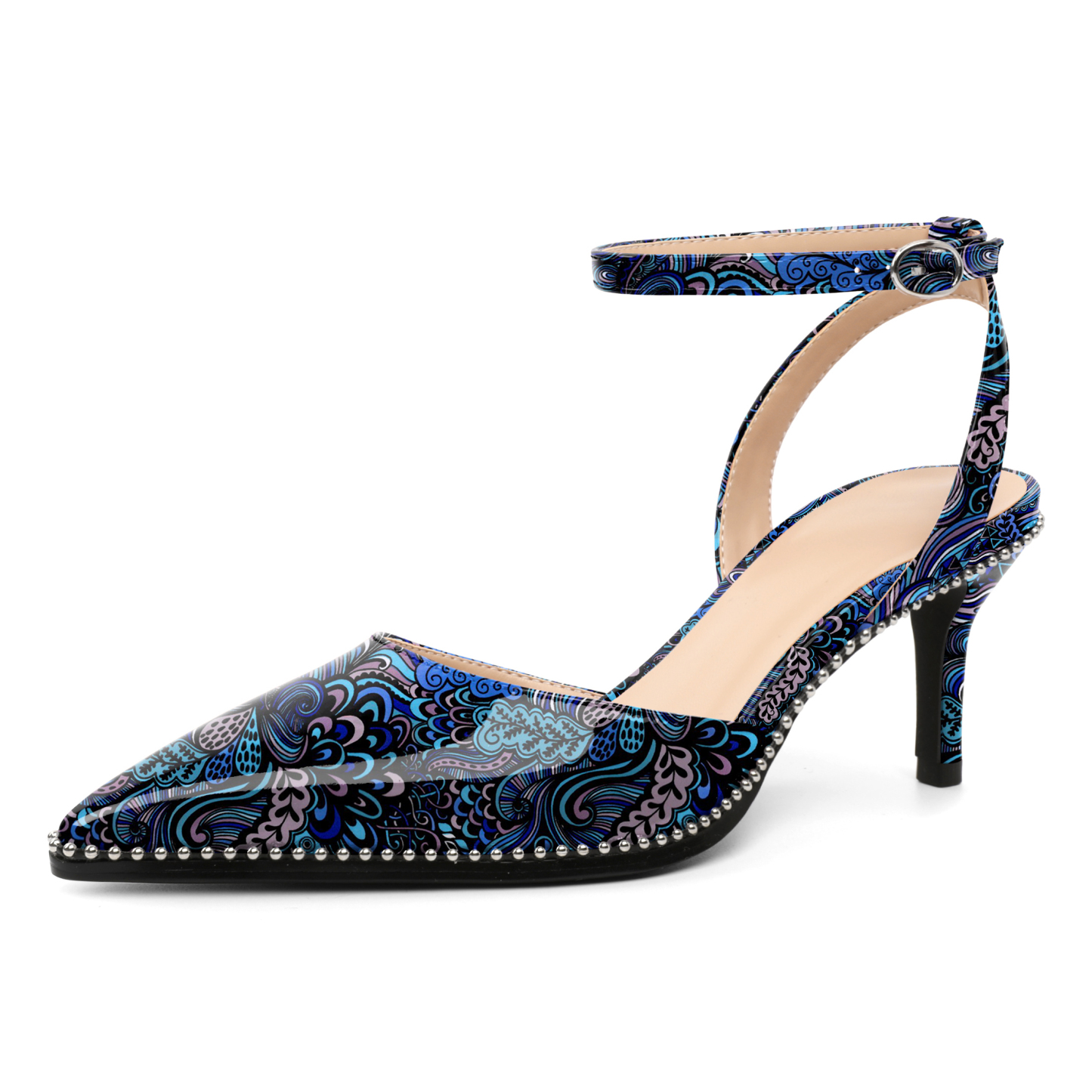 Flower Blue ankle strap low heels with beaded slingback design