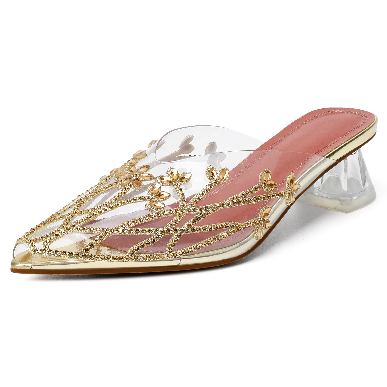 Gold rhinestone block heel clear sandals with peep toe – SAMMITOP