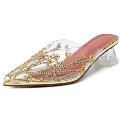 Gold rhinestone block heel clear sandals with peep toe – SAMMITOP