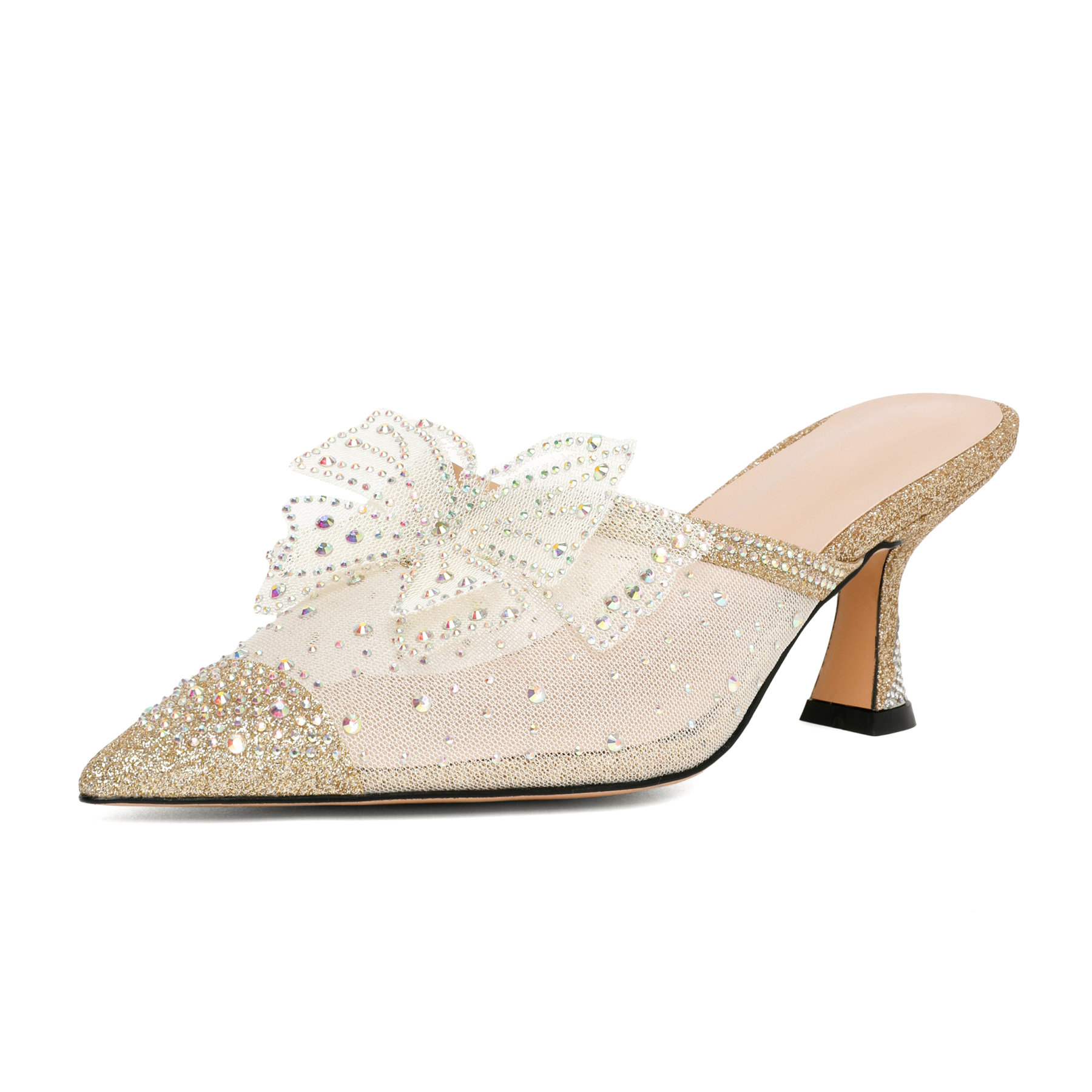 Gold slingback stiletto heels close-up of mesh texture