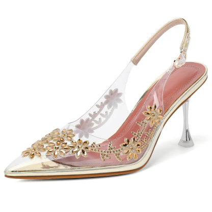 Gold 3.5-inch rhinestone block heel clear sandals with peep toe