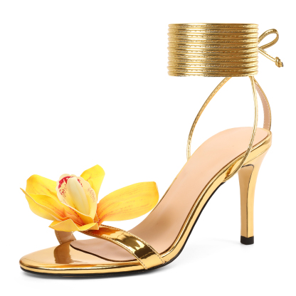 Sammitop Gold Floral Stiletto Heels – 3D Orchid Ankle Strap 