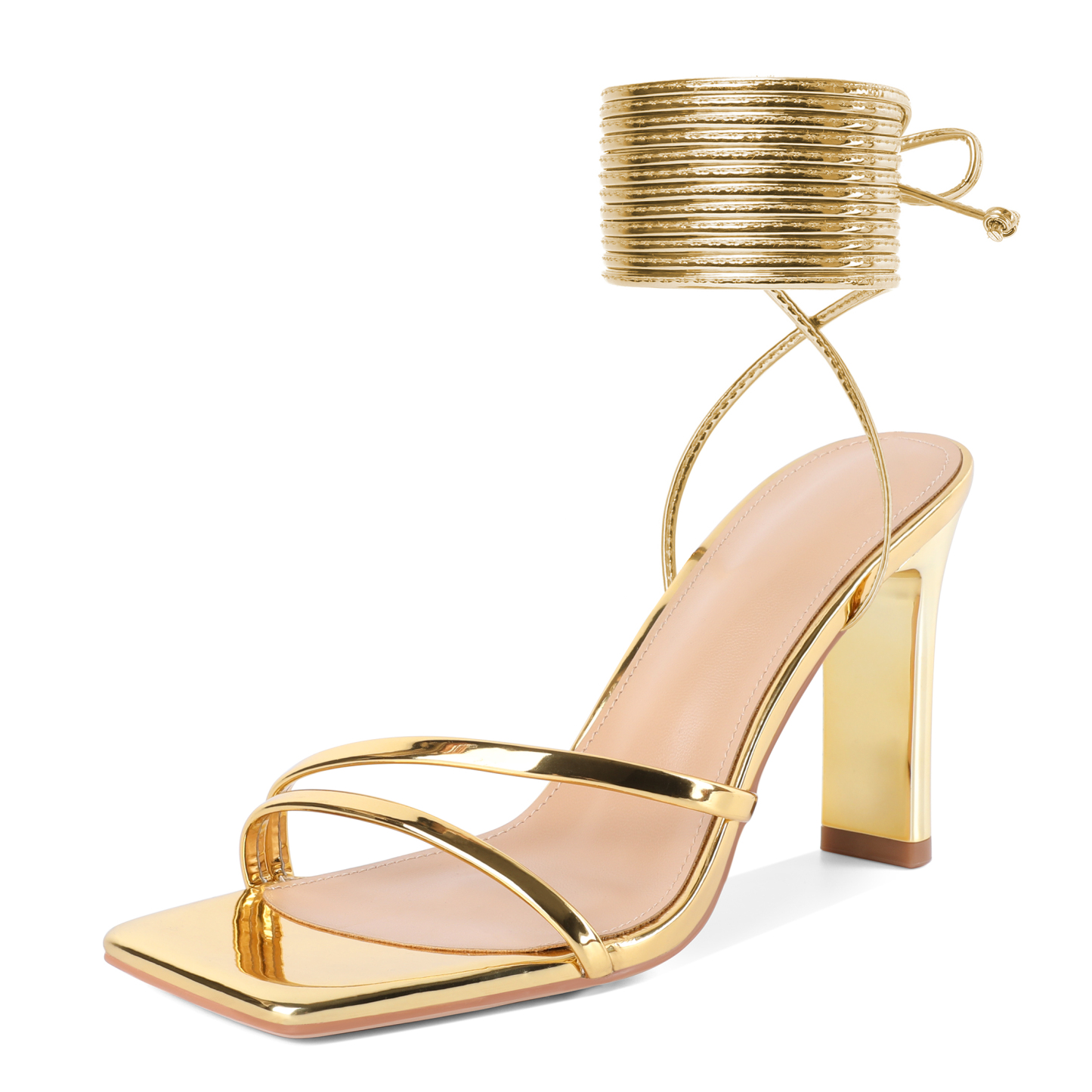 SAMMITOP gold strappy chunky heels – open toe high heel sandals