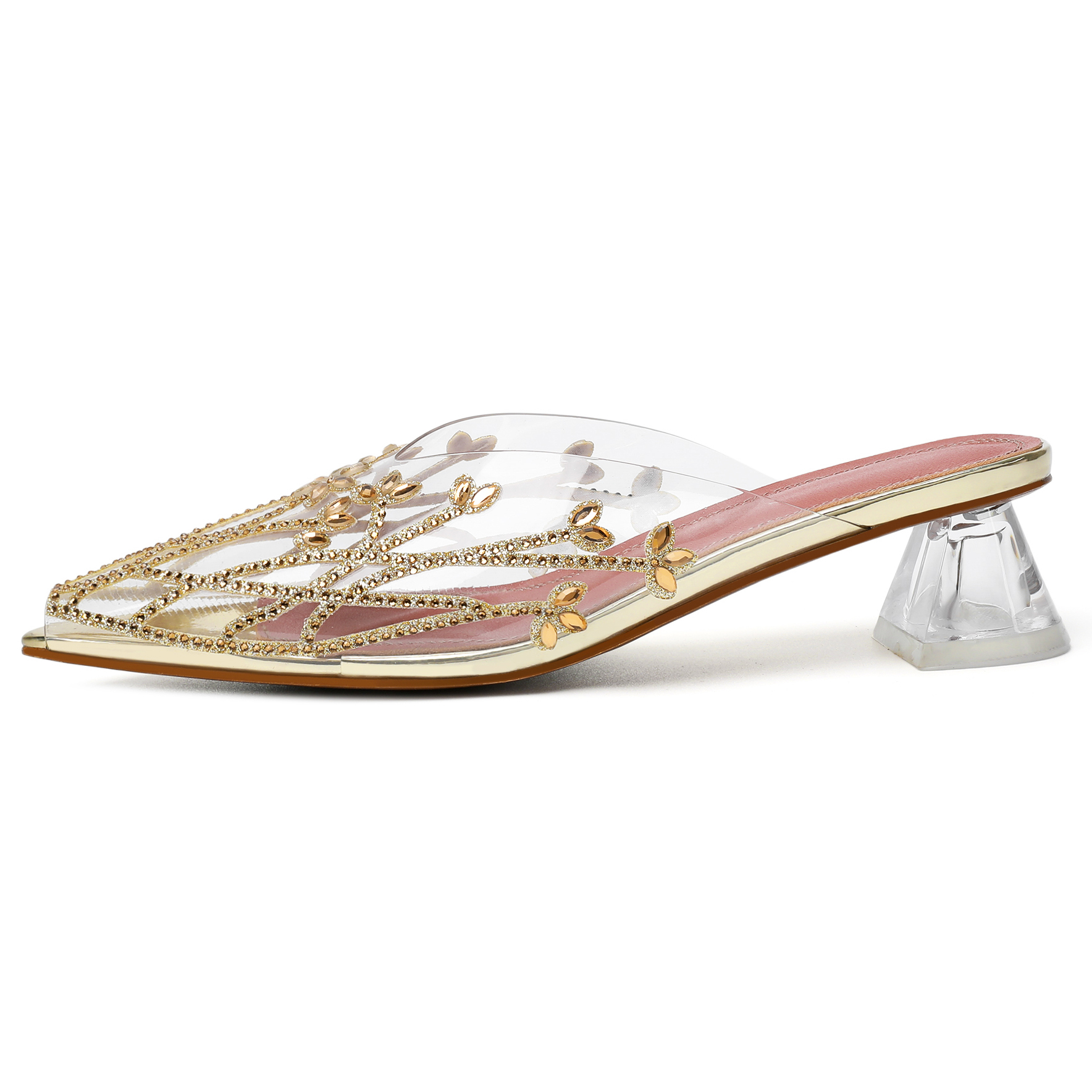 Side view of mid-height rhinestone block heel mule sandals