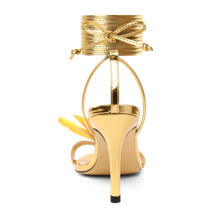 Sammitop Gold Floral Stiletto Heels – 3D Orchid Ankle Strap 