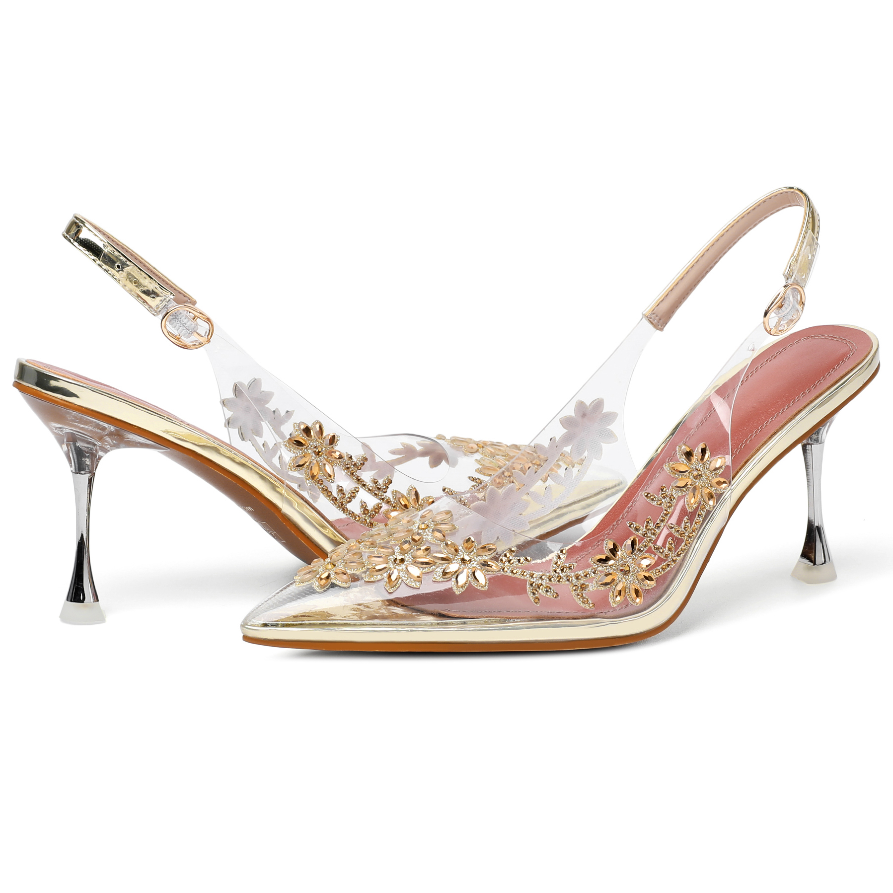 Gold 3.5-inch rhinestone block heel clear sandals with peep toe
