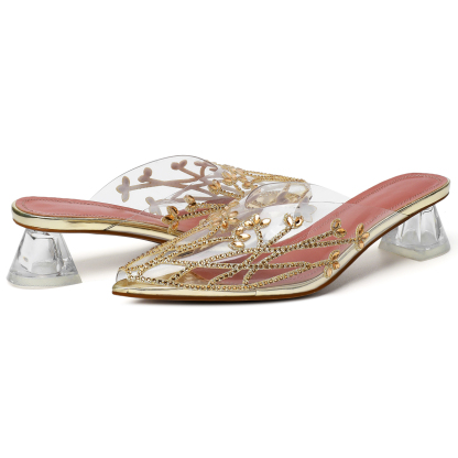 Gold rhinestone block heel clear sandals with peep toe – SAMMITOP